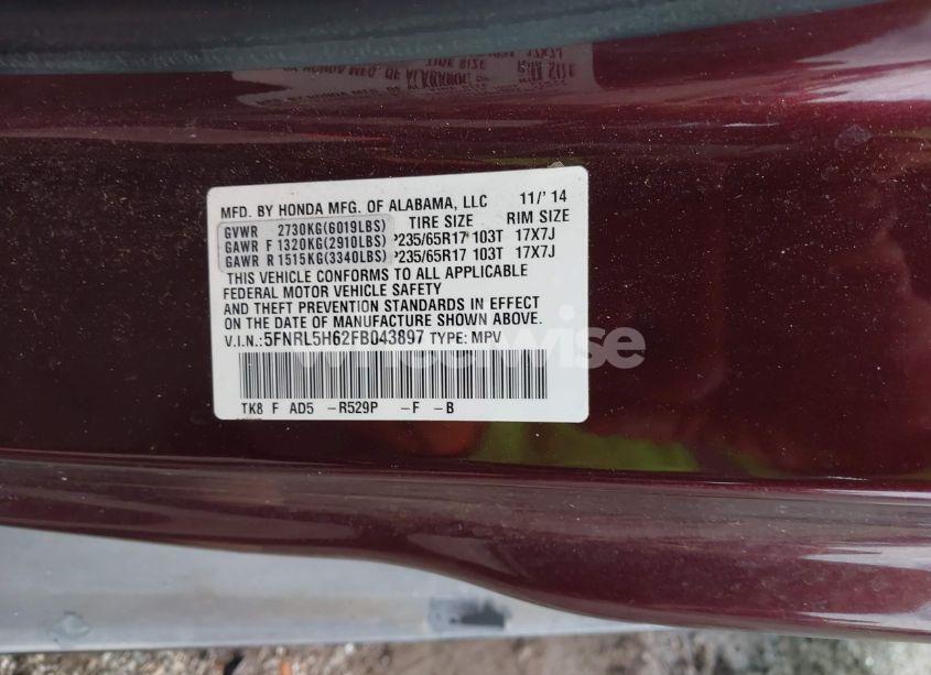 Photo 9 of 2015 Honda Odyssey EX-L (VIN 5FNRL5H62FB043897)