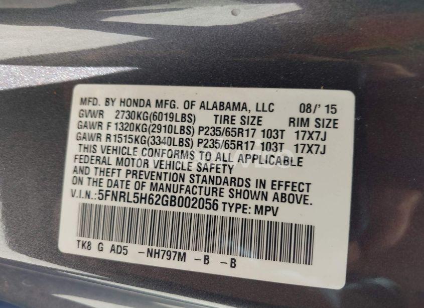 Photo 9 of 2016 Honda Odyssey EX-L (VIN 5FNRL5H62GB002056)