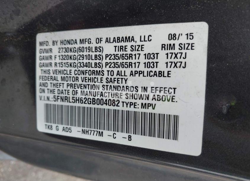 Photo 9 of 2016 Honda Odyssey EX-L (VIN 5FNRL5H62GB004082)