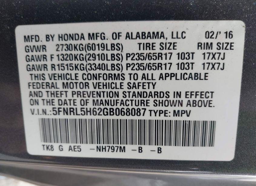 Photo 9 of 2016 Honda Odyssey EX-L (VIN 5FNRL5H62GB068087)