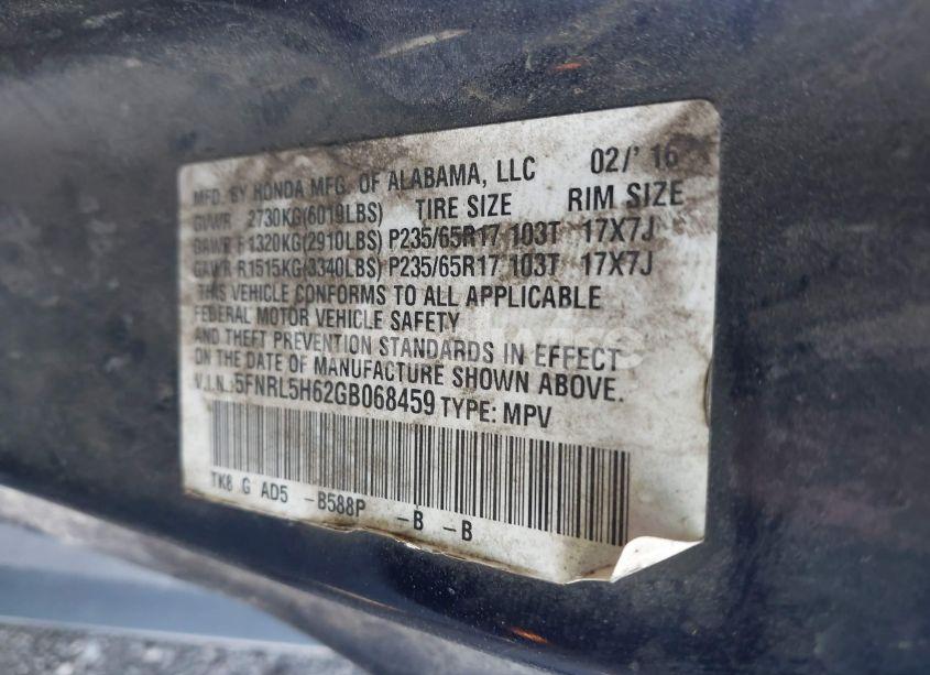 Photo 9 of 2016 Honda Odyssey EX-L (VIN 5FNRL5H62GB068459)