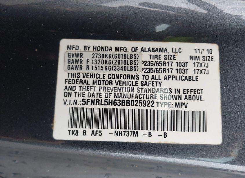 Photo 9 of 2011 Honda Odyssey EX-L (VIN 5FNRL5H63BB025922)