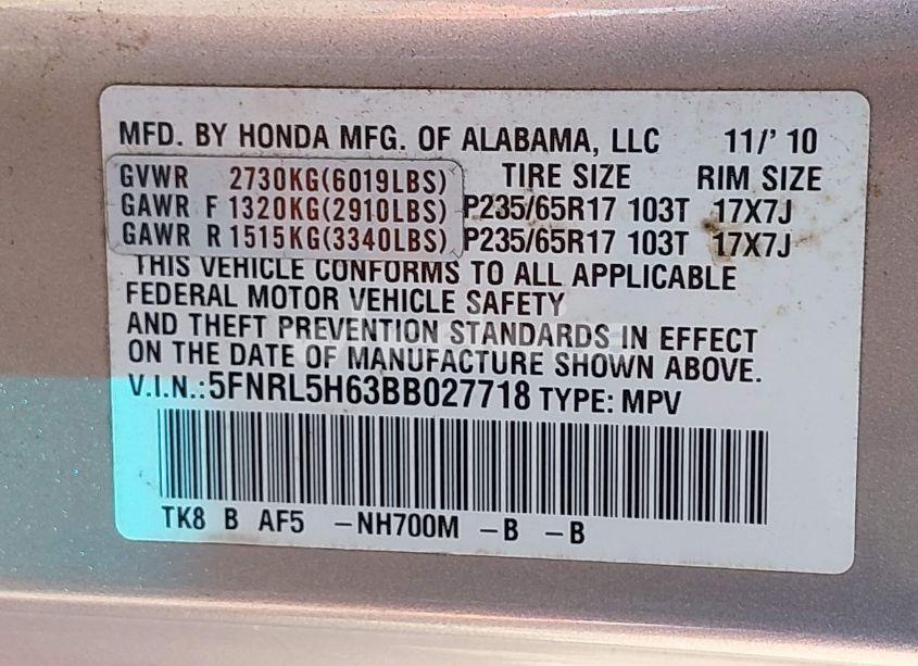 Photo 9 of 2011 Honda Odyssey EX-L (VIN 5FNRL5H63BB027718)