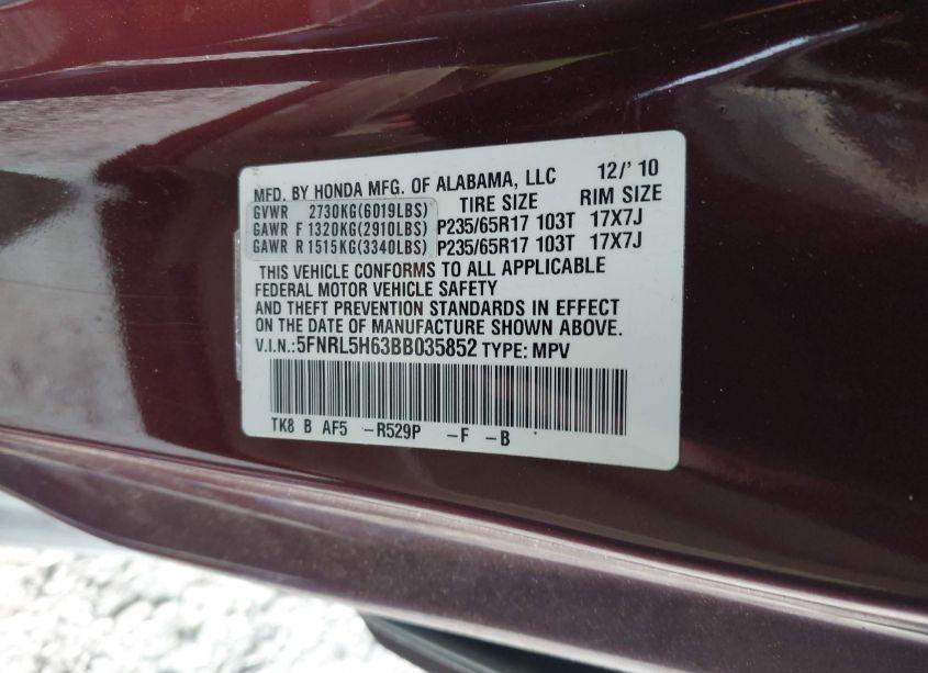 Photo 9 of 2011 Honda Odyssey EX-L (VIN 5FNRL5H63BB035852)