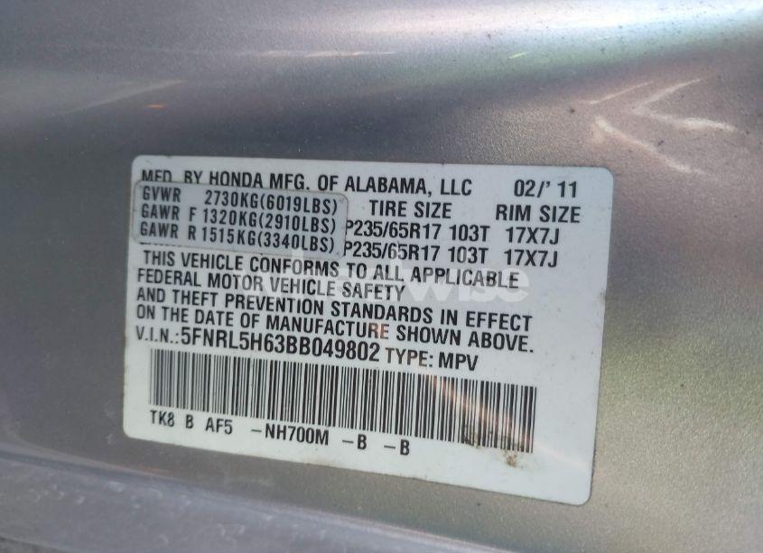 Photo 9 of 2011 Honda Odyssey EX-L (VIN 5FNRL5H63BB049802)