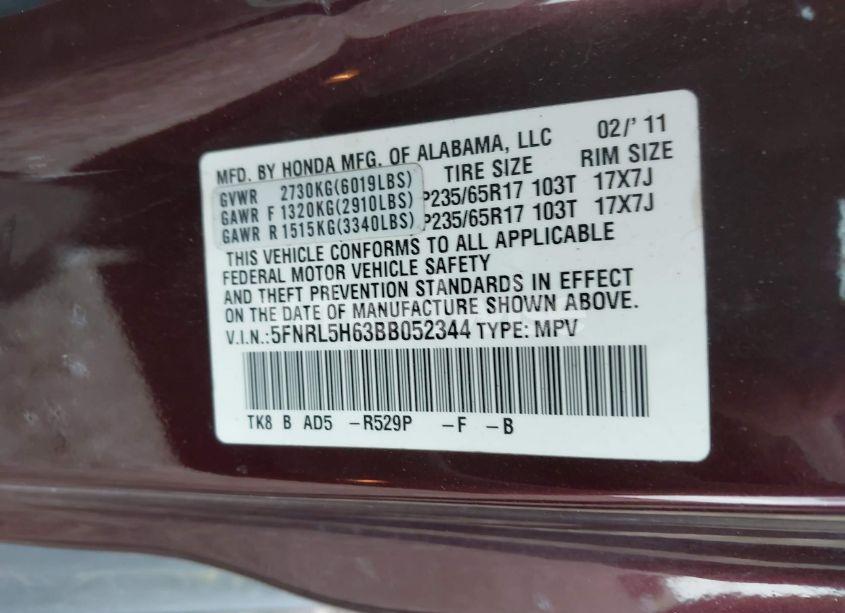 Photo 9 of 2011 Honda Odyssey EX-L (VIN 5FNRL5H63BB052344)
