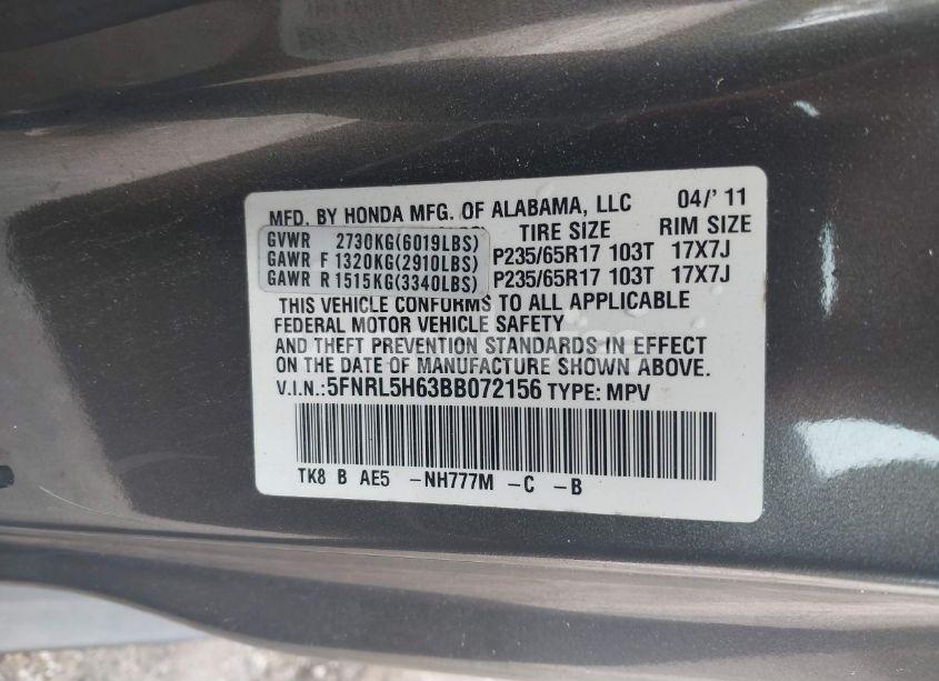 Photo 9 of 2011 Honda Odyssey EX-L (VIN 5FNRL5H63BB072156)