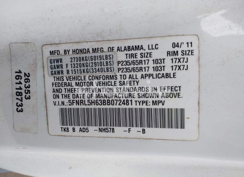 Photo 9 of 2011 Honda Odyssey EX-L (VIN 5FNRL5H63BB072481)