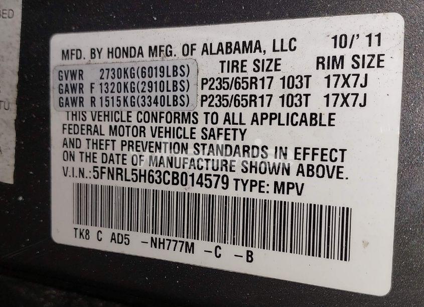 Photo 9 of 2012 Honda Odyssey EX-L (VIN 5FNRL5H63CB014579)