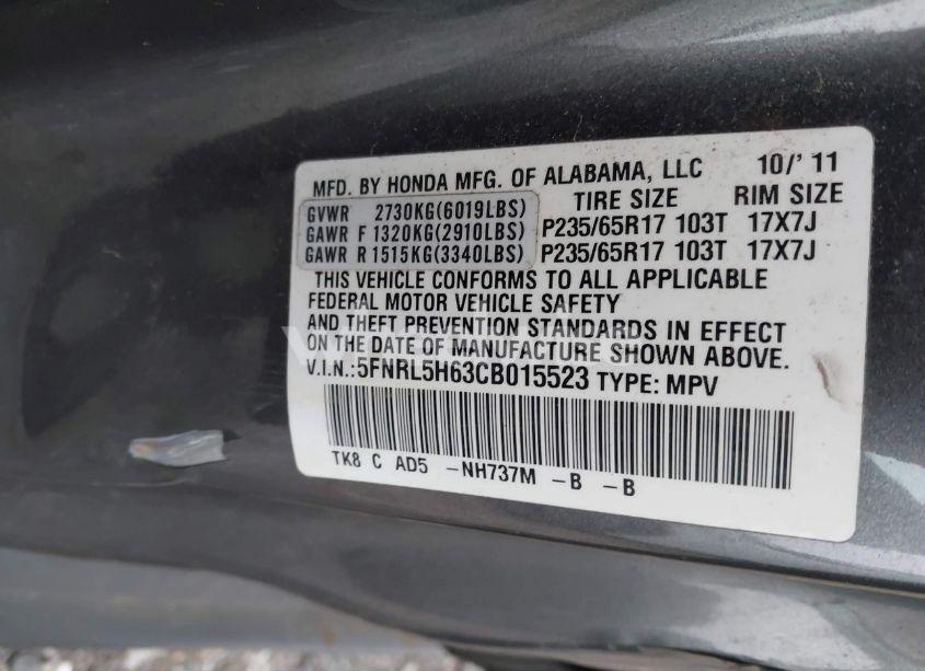 Photo 9 of 2012 Honda Odyssey EX-L (VIN 5FNRL5H63CB015523)