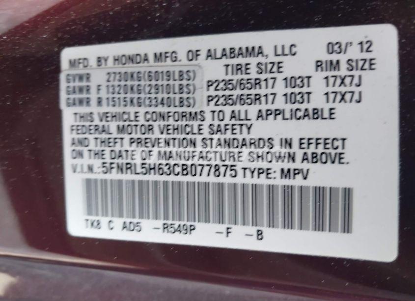 Photo 8 of 2012 Honda Odyssey EX-L (VIN 5FNRL5H63CB077875)