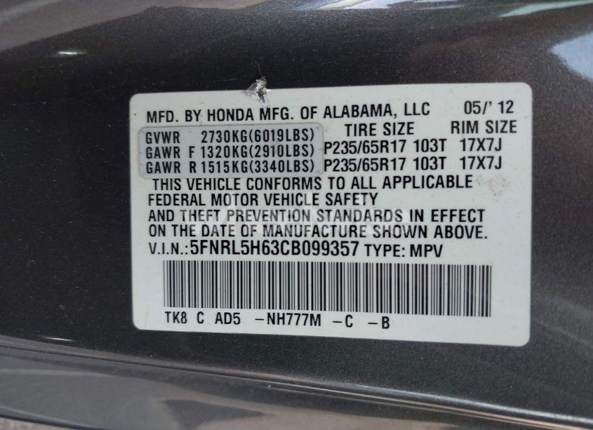 Photo 9 of 2012 Honda Odyssey EX-L (VIN 5FNRL5H63CB099357)