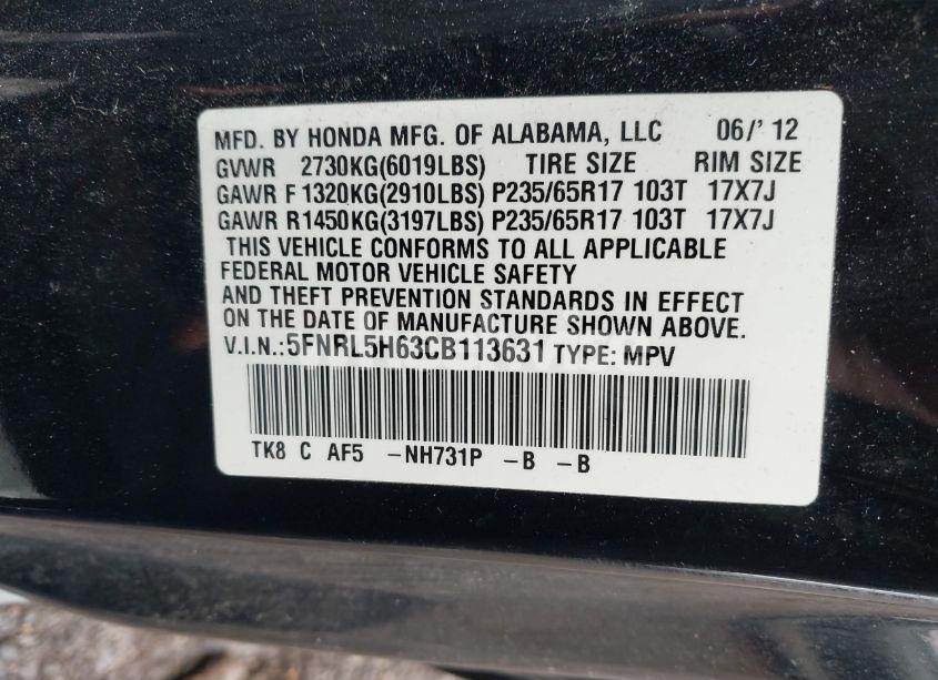 Photo 9 of 2012 Honda Odyssey EX-L (VIN 5FNRL5H63CB113631)