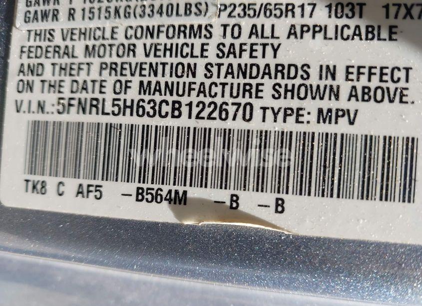 Photo 9 of 2012 Honda Odyssey EX-L (VIN 5FNRL5H63CB122670)