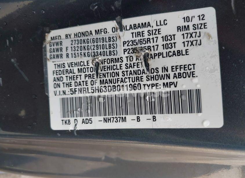 Photo 9 of 2013 Honda Odyssey EX-L (VIN 5FNRL5H63DB011960)