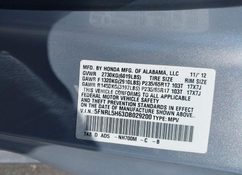 Photo 9 of 2013 Honda Odyssey EX-L (VIN 5FNRL5H63DB029200)