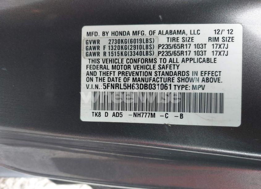 Photo 9 of 2013 Honda Odyssey EX-L (VIN 5FNRL5H63DB031061)