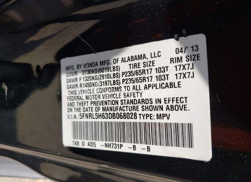 Photo 9 of 2013 Honda Odyssey EX-L (VIN 5FNRL5H63DB068028)