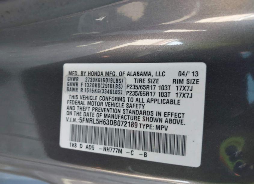Photo 9 of 2013 Honda Odyssey EX-L (VIN 5FNRL5H63DB072189)