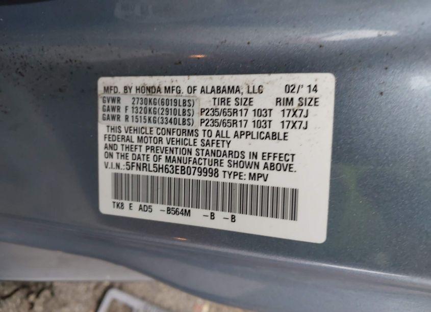 Photo 9 of 2014 Honda Odyssey EX-L (VIN 5FNRL5H63EB079998)