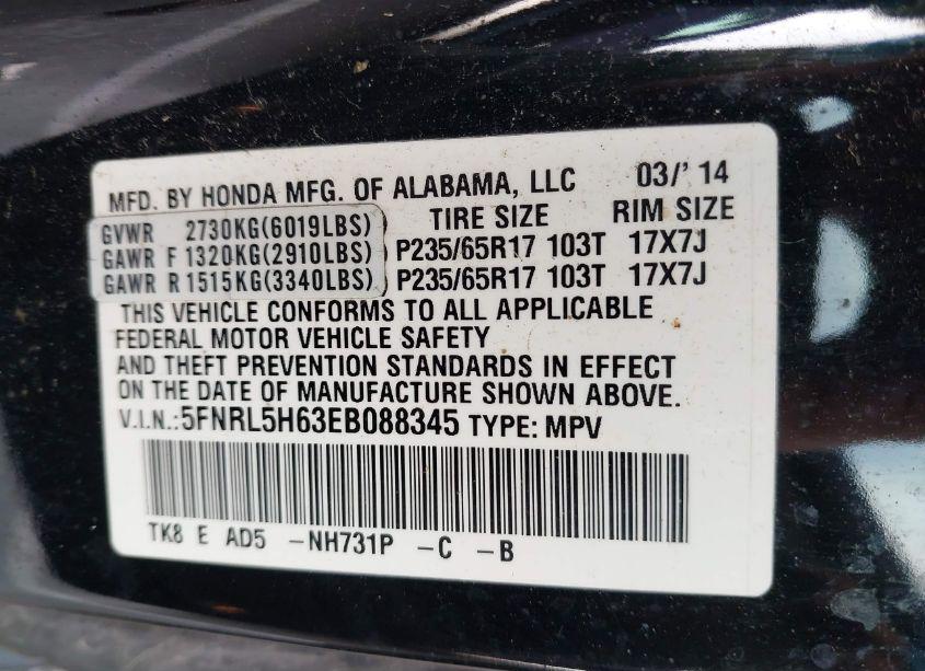 Photo 9 of 2014 Honda Odyssey EX-L (VIN 5FNRL5H63EB088345)