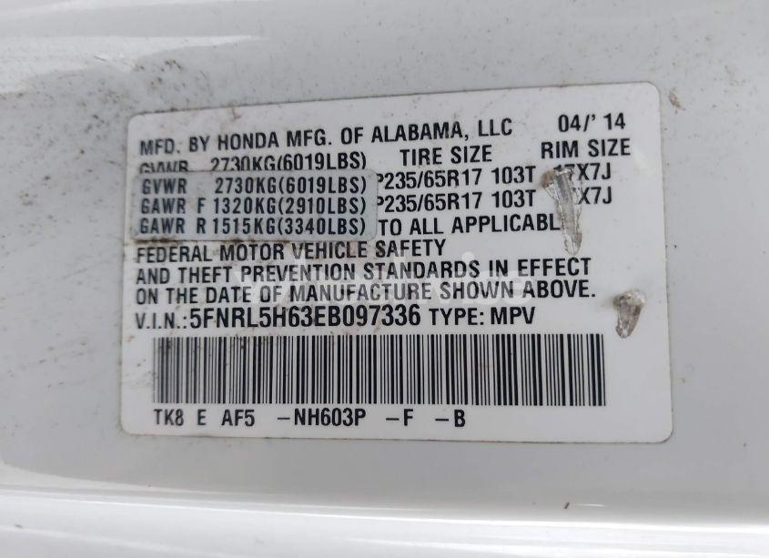 Photo 9 of 2014 Honda Odyssey EX-L (VIN 5FNRL5H63EB097336)