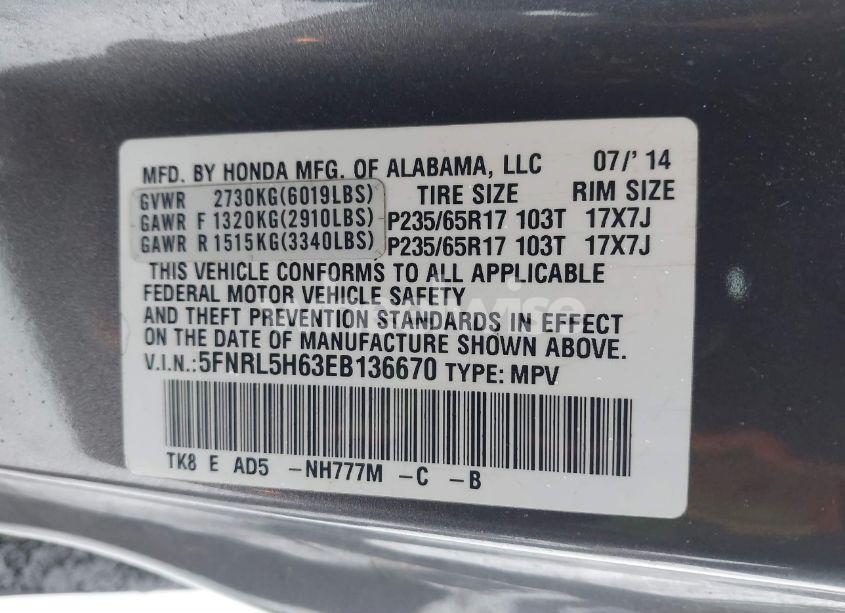 Photo 9 of 2014 Honda Odyssey EX-L (VIN 5FNRL5H63EB136670)