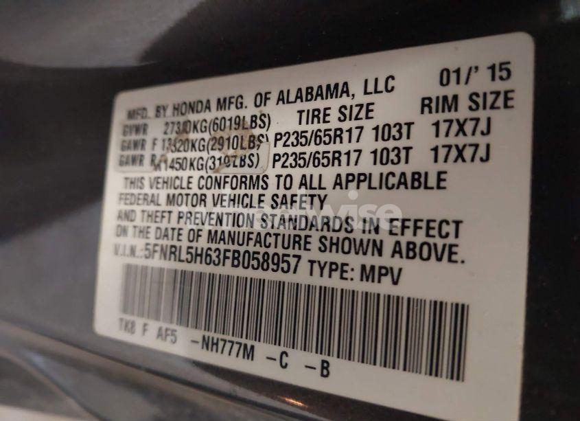 Photo 9 of 2015 Honda Odyssey EX-L (VIN 5FNRL5H63FB058957)