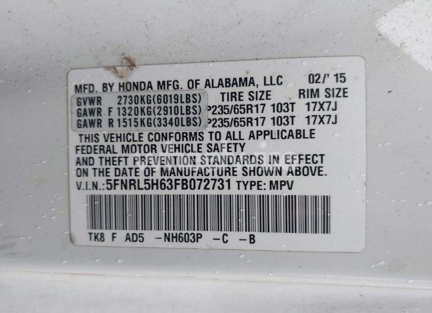 Photo 9 of 2015 Honda Odyssey EX-L (VIN 5FNRL5H63FB072731)