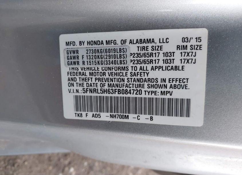 Photo 9 of 2015 Honda Odyssey EX-L (VIN 5FNRL5H63FB084720)