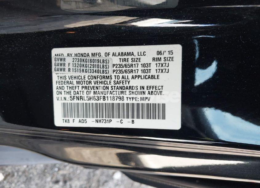 Photo 9 of 2015 Honda Odyssey EX-L (VIN 5FNRL5H63FB118798)