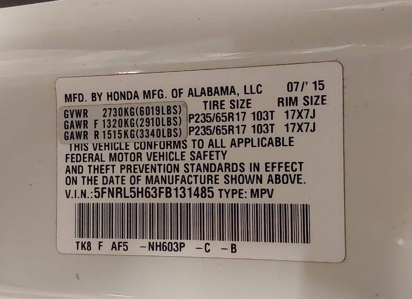 Photo 9 of 2015 Honda Odyssey EX-L (VIN 5FNRL5H63FB131485)