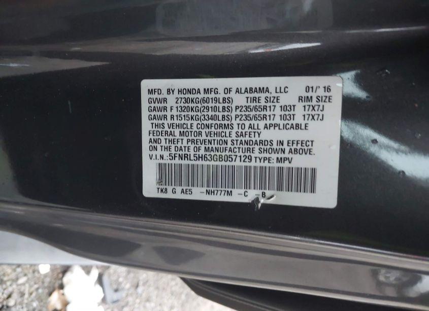 Photo 9 of 2016 Honda Odyssey EX-L (VIN 5FNRL5H63GB057129)