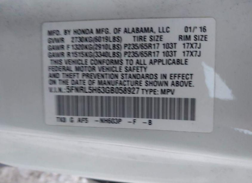 Photo 9 of 2016 Honda Odyssey EX-L (VIN 5FNRL5H63GB058927)