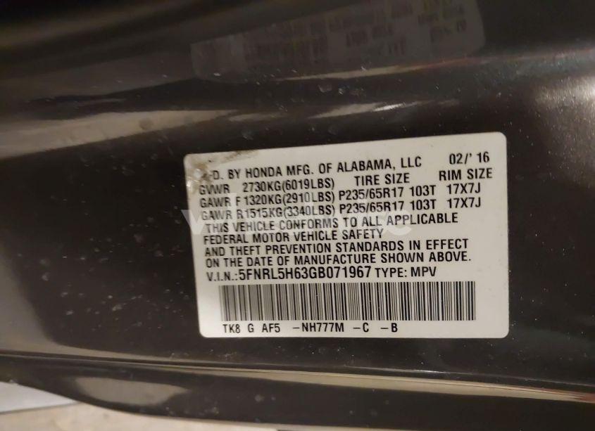 Photo 9 of 2016 Honda Odyssey EX-L (VIN 5FNRL5H63GB071967)