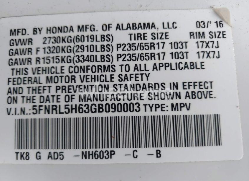 Photo 9 of 2016 Honda Odyssey EX-L (VIN 5FNRL5H63GB090003)