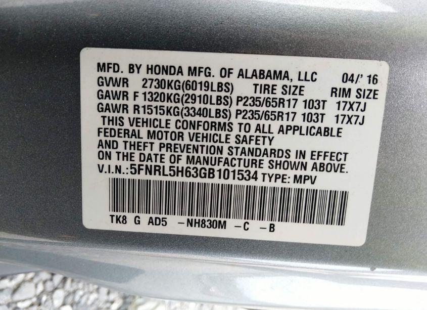 Photo 9 of 2016 Honda Odyssey EX-L (VIN 5FNRL5H63GB101534)