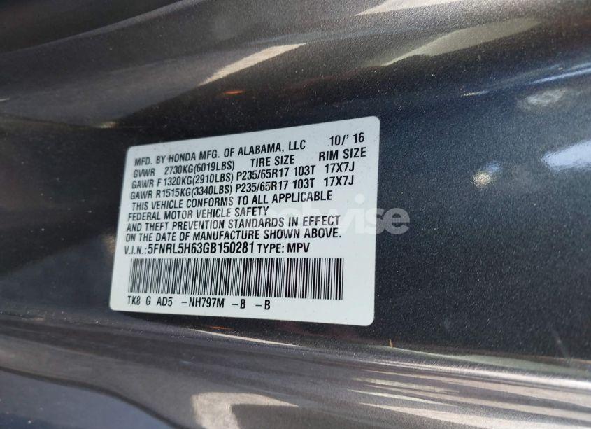 Photo 9 of 2016 Honda Odyssey EX-L (VIN 5FNRL5H63GB150281)