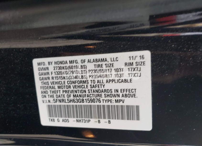 Photo 9 of 2016 Honda Odyssey EX-L (VIN 5FNRL5H63GB159076)