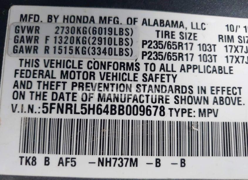 Photo 9 of 2011 Honda Odyssey EX-L (VIN 5FNRL5H64BB009678)
