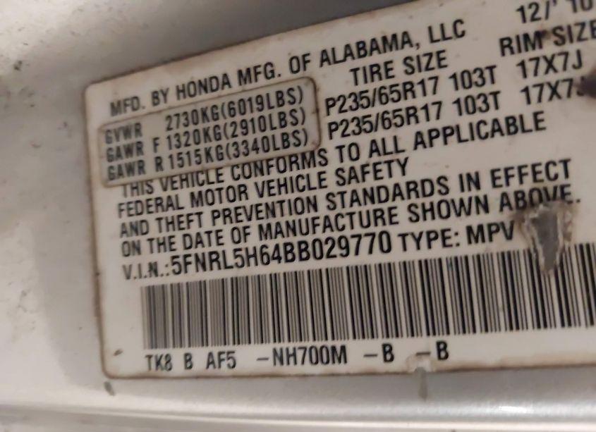 Photo 9 of 2011 Honda Odyssey EX-L (VIN 5FNRL5H64BB029770)