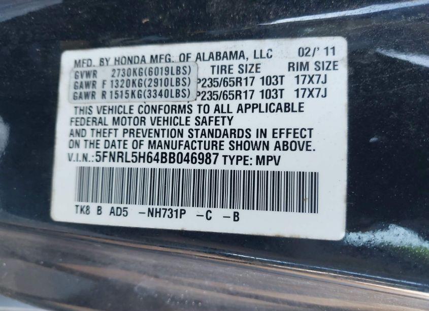 Photo 9 of 2011 Honda Odyssey EX-L (VIN 5FNRL5H64BB046987)