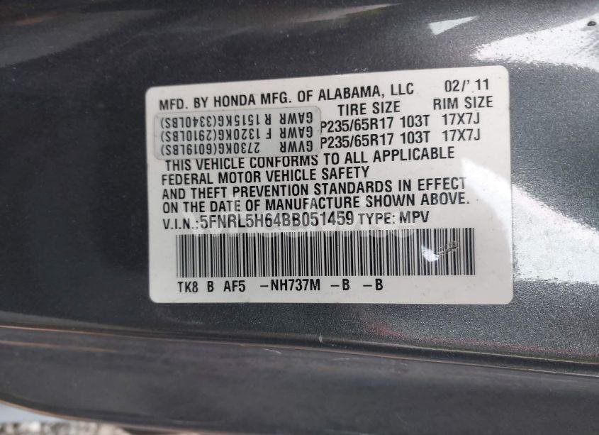Photo 9 of 2011 Honda Odyssey EX-L (VIN 5FNRL5H64BB051459)