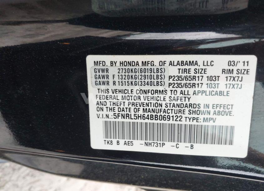 Photo 9 of 2011 Honda Odyssey EX-L (VIN 5FNRL5H64BB069122)