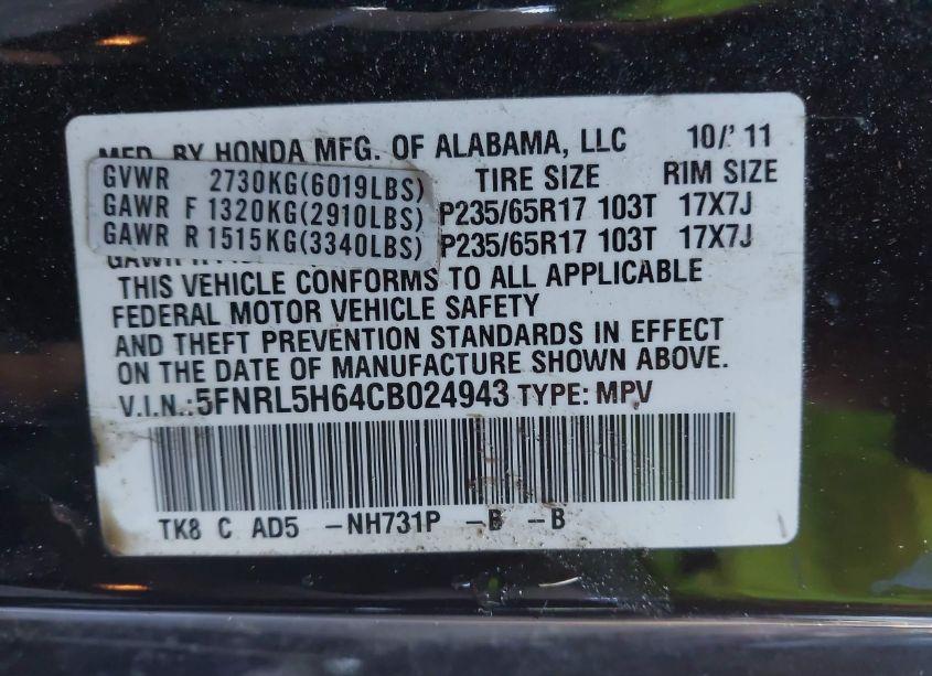 Photo 9 of 2012 Honda Odyssey EX-L (VIN 5FNRL5H64CB024943)