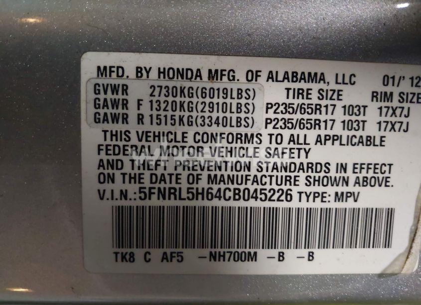 Photo 9 of 2012 Honda Odyssey EX-L (VIN 5FNRL5H64CB045226)