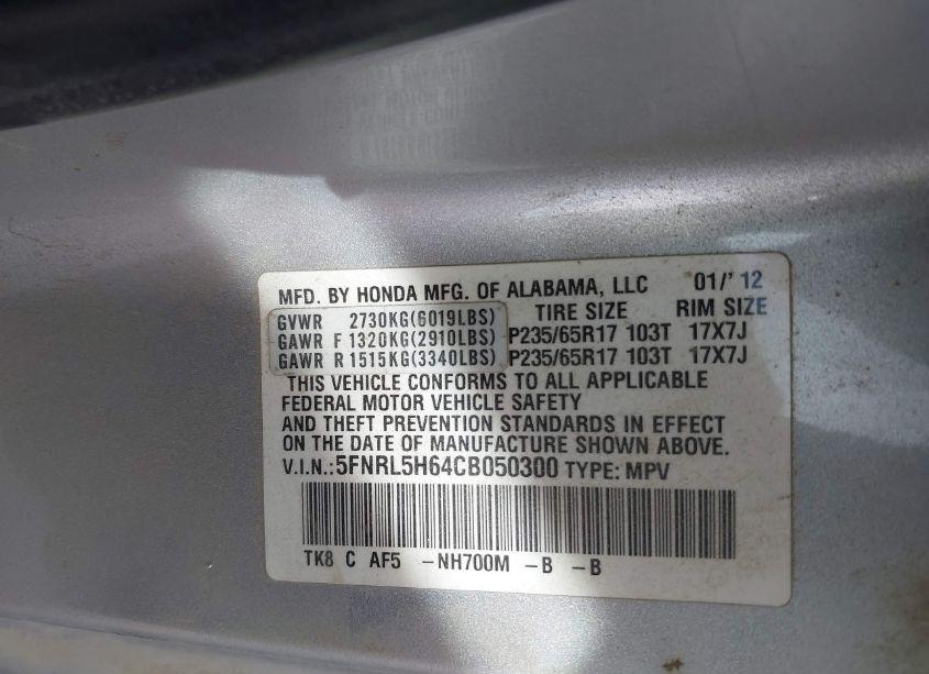 Photo 9 of 2012 Honda Odyssey EX-L (VIN 5FNRL5H64CB050300)