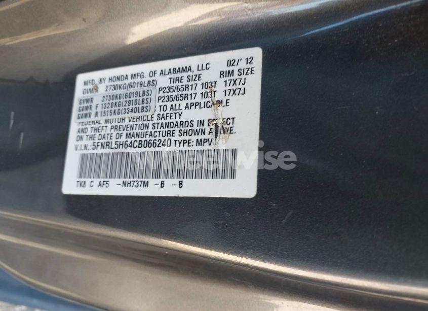 Photo 9 of 2012 Honda Odyssey EX-L (VIN 5FNRL5H64CB066240)