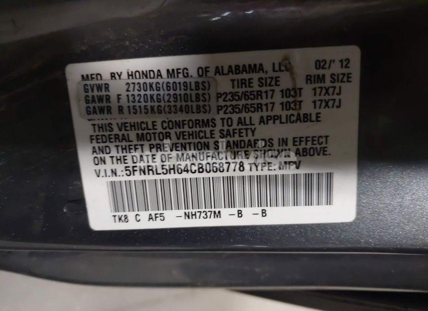 Photo 9 of 2012 Honda Odyssey EX-L (VIN 5FNRL5H64CB068778)