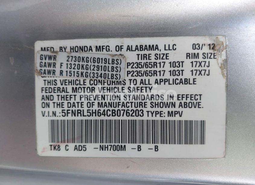 Photo 9 of 2012 Honda Odyssey EX-L (VIN 5FNRL5H64CB076203)